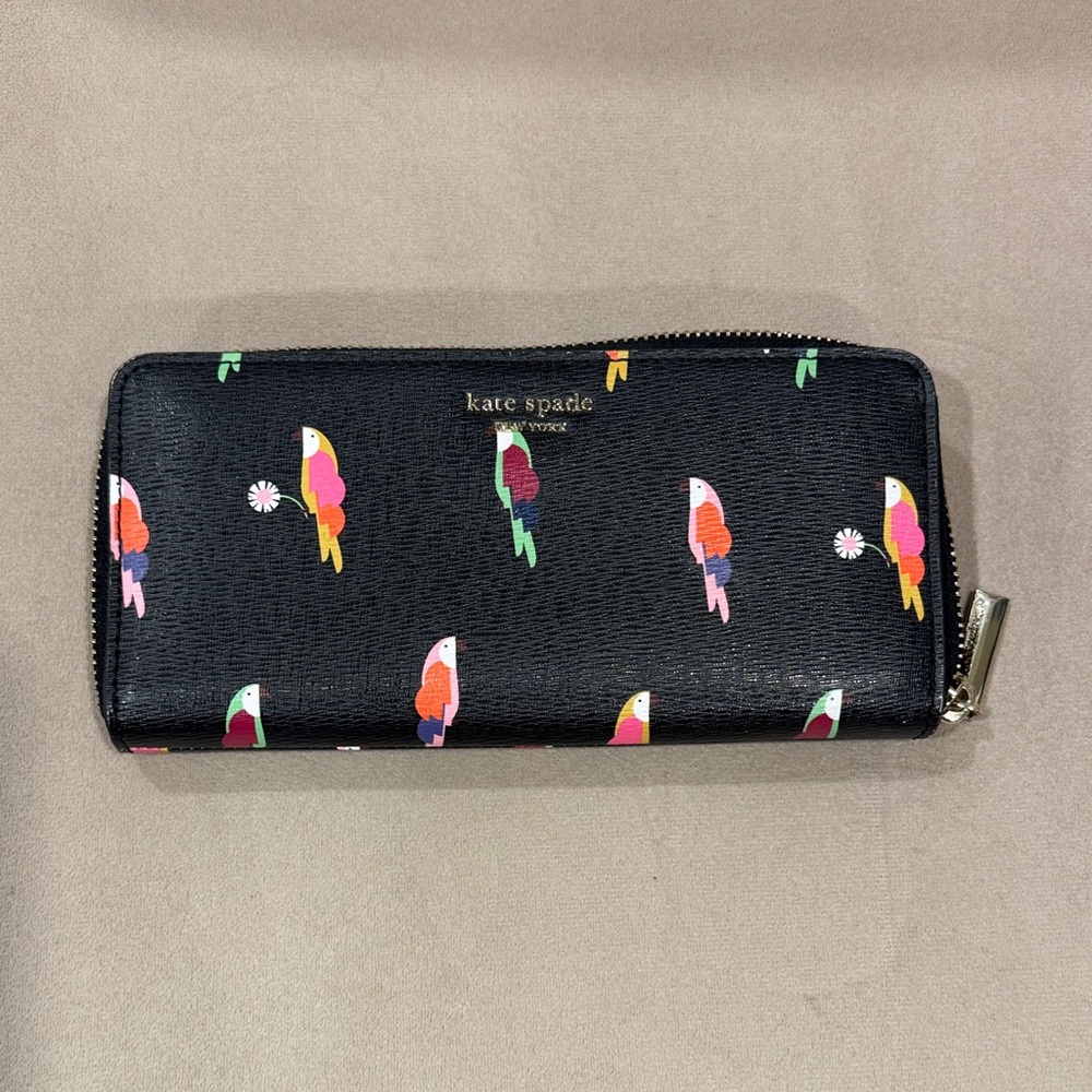 Kate Spade Black Wallet with Vibrant Parrot Design